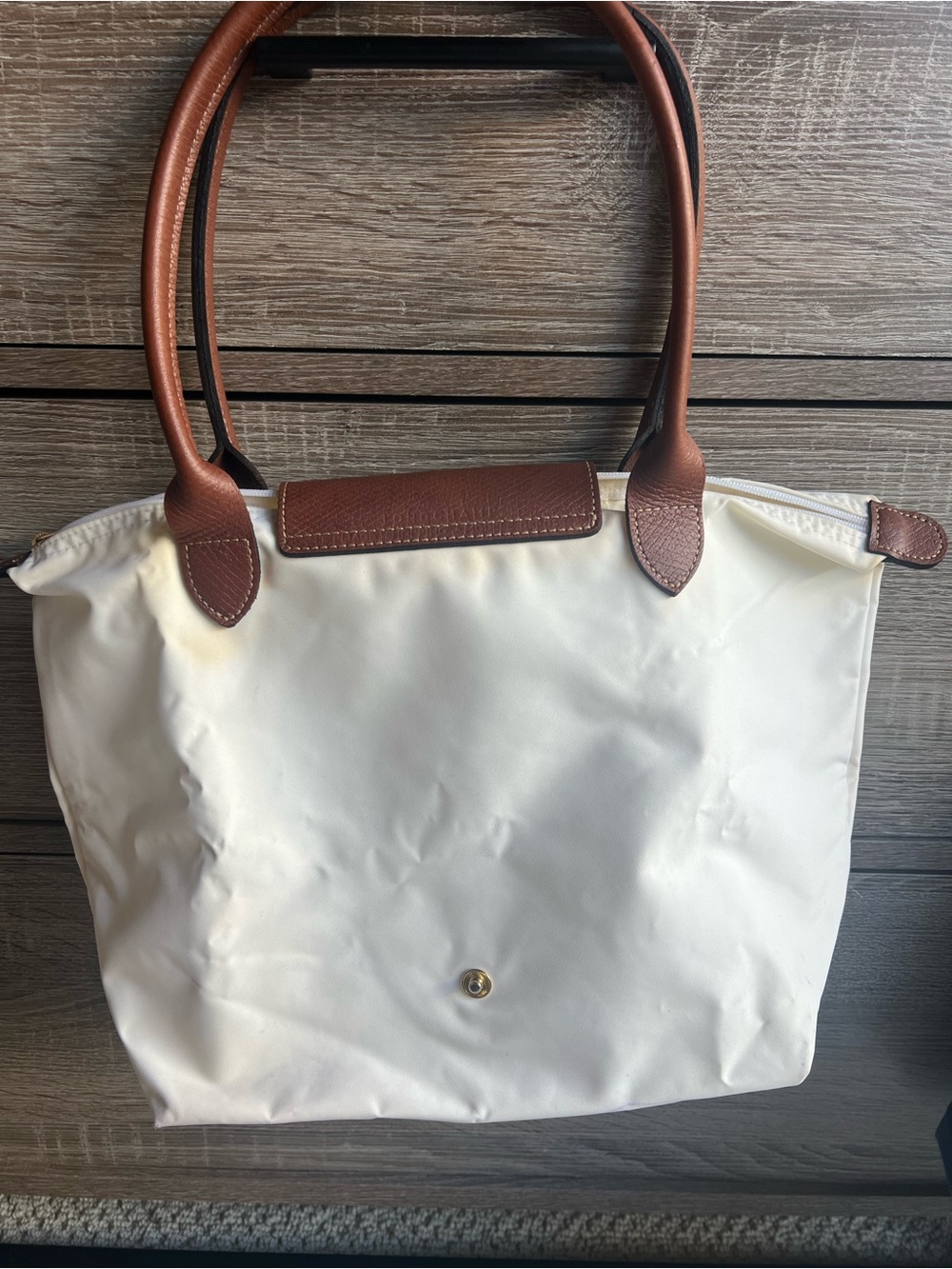 Longchamp Small White/ Cream Le Pliage Tote with Brown Leather Trim - Picture 2 of 9